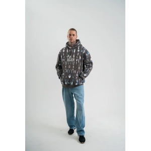 Unisex Uzun Kol Kapşonlu Pano Baskılı weathirt  Füme