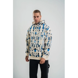 Unisex Uzun Kol Kapşonlu Pano Baskılı weathirt  Krem