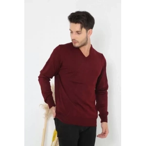 Unisex Uzun Kol V Yaka Triko Kazak  Bordo