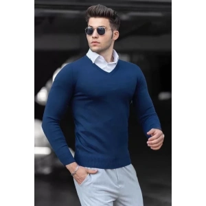 Unisex Uzun Kol V Yaka Triko Kazak  Indigo