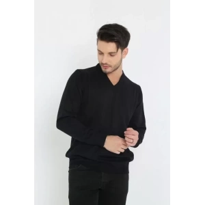 Unisex Uzun Kol V Yaka Triko Kazak  Siyah