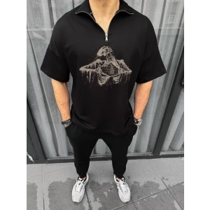 Unisex Yarım Fermuarlı Baskılı Oversize Thirt  iyah