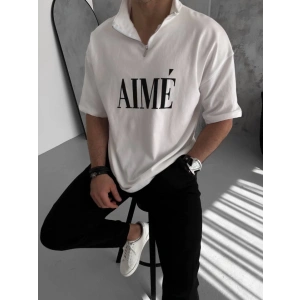 Unisex Yarım Fermuarlı Baskılı Thirt  Beyaz