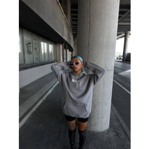 Uzun Kol Kapşonlu Göğüs Baskılı weathirt  Gri