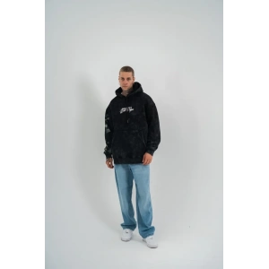 Uzun Kol Kapşonlu Yıkamalı Baskılı weathirt  iyah