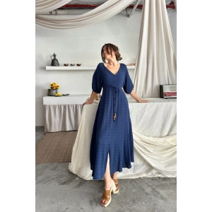 V YAKA BEL BONCUK BAĞLAALI ÜLİN ELBİE YIRTAÇ DETAYLI  Lacivert