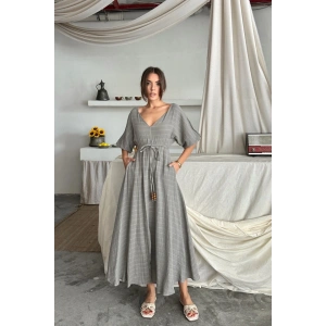 V YAKA BEL BONCUK BAĞLAMALI MÜLİN ELBİE YIRTMAÇ DETAYLI  Gri