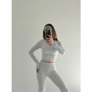 V Yaka Uzun Kollu Bluz İspanyol Paçalı Tayt İkili Takım  Gri