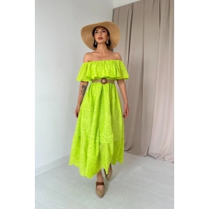 Yağ Yeşili Omzu Lastikli Brode Elbise