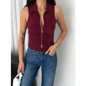 Yakalı Tam Fermuarlı Kolsuz Bluz  Bordo