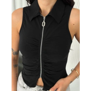 Yakalı Tam Fermuarlı Kolsuz Bluz  iyah