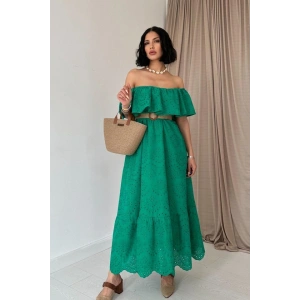 Yeşil Omzu Lastikli Brode Elbise