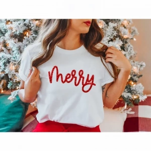 Yılbaşı erry Christmas Baskılı Kısa Kollu Oversize Bisiklet Yaka Tshirt  Beyaz