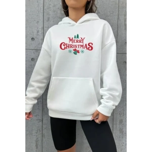 Yılbaşı erry Christmas Baskılı Oversize Kapüşonlu weatshirt Hoodie  Beyaz