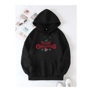 Yılbaşı erry Christmas Baskılı Oversize Kapüşonlu weatshirt Hoodie  iyah