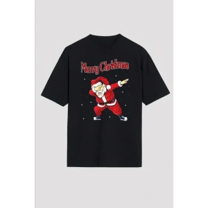 Yılbaşı erry Christmas Noel Baba Baskılı Oversize Bisiklet Yaka Tshirt  iyah
