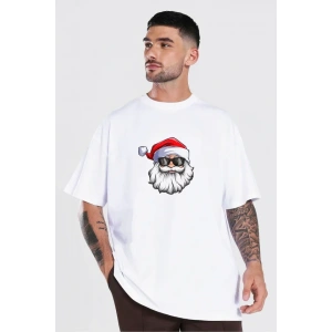 Yılbaşı Gözlüklü Noel Baba Baskılı Kısa Kollu Oversize Bisiklet Yaka Tshirt  Beyaz
