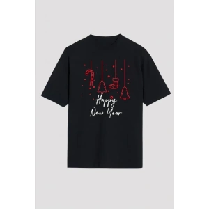 Yılbaşı Happy New Year Baskılı Kısa Kollu Oversize Bisiklet Yaka Tshirt  iyah