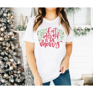 Yılbaşı Noel Baskılı Kısa Kollu Oversize Bisiklet Yaka Tshirt  Beyaz
