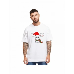 Yılbaşı Noel Ren Geyiği Baskılı Kısa Kollu Oversize Bisiklet Yaka Tshirt  Beyaz