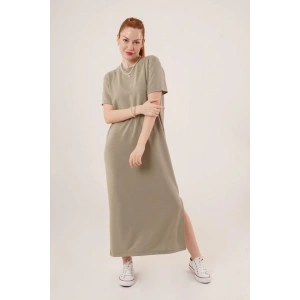 Yırtmaç Detaylı Kısa Kollu alaş axi Yağ Yeşili Elbise