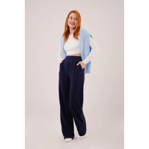 Yüksek Bel Bol Paça Krep Lacivert Pantolon