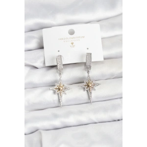 Zirkon Taşlı Gümüş Renk Pirinç Kutup Yıldızı Model Kadın Küpe