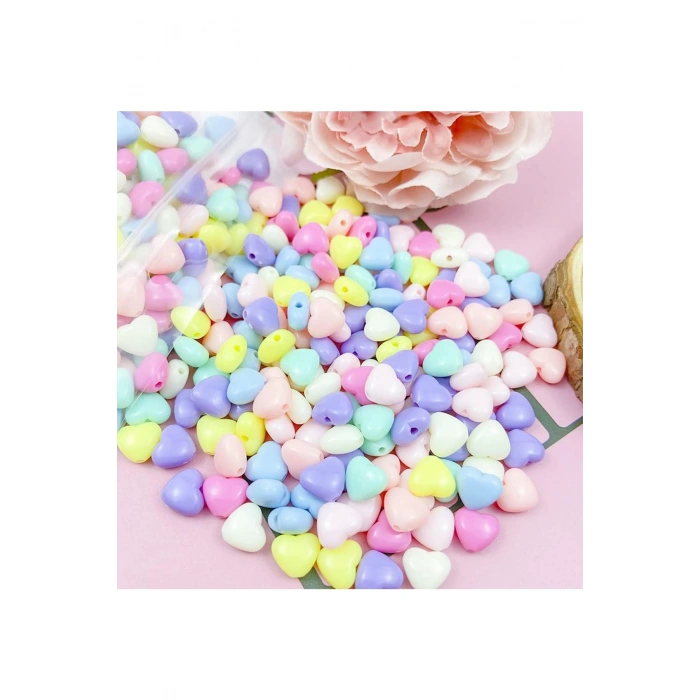 100 gr (500 adet) Şeker Rengi Akrilik Kalp Boncuklar Renkli Karışık Plastik Pastel Boncuklar Ara Boncuk Kalp Şekilli Kolye Bilezik için