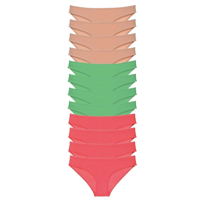 12 adet Süper Eko Set Likralı Kadın Slip Külot Ten Yeşil Fuşya