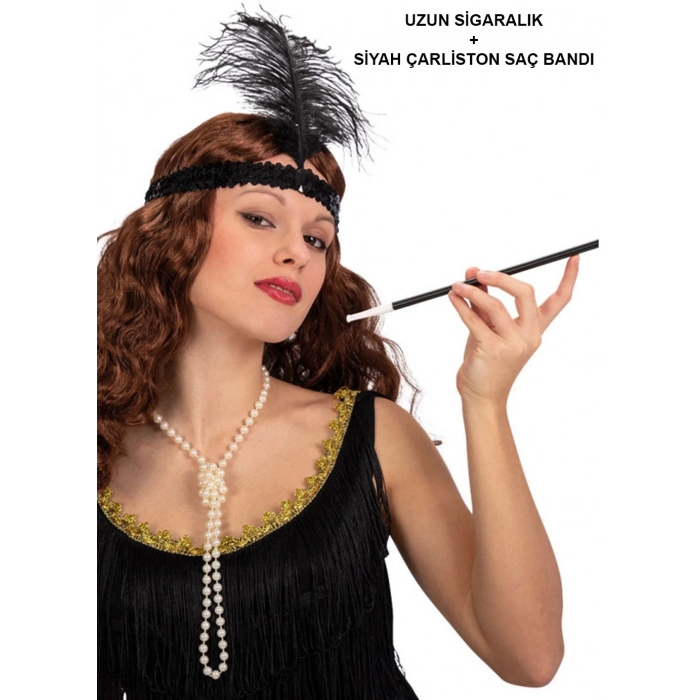 192039ler Gatsby Aksesuar Seti – Siyah Charleston Saç Bandı  Lık