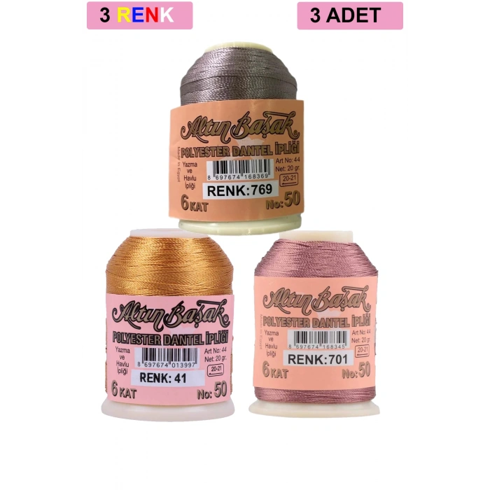 3 Adet Altınbaşak Oya ve Dantel İpi 20 gr - Royaleks - No: 041 - 701 - 769