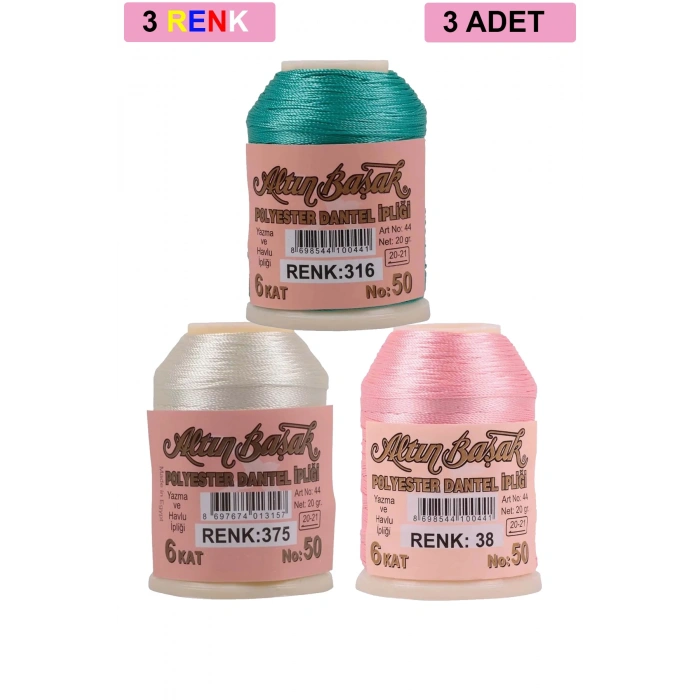 3 Adet Altınbaşak Oya ve Dantel İpi 20 gr - Royaleks - No: 375 - 038 - 316