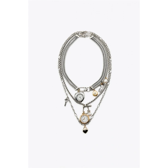 3lü Saat ve Charm Kolye - Gümüş
