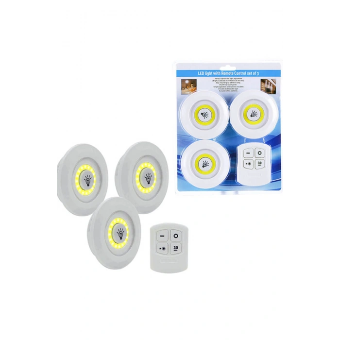 3lü Uzaktan Kumandalı Yapışkanlı Kablosuz Led Spot Lambalar (4767)