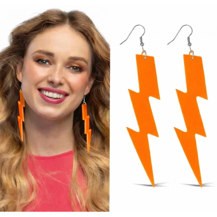 80’ler 9039lar Retro Neon Turuncu Şimşek Küpe 10 Cm