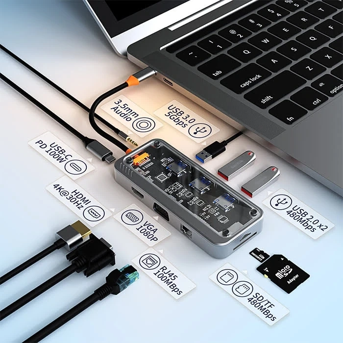 ALLY 10in1 Type-c To USB3.0 + USB2.0 *2 + Type-c PD + 3.5mm + HDMI + VGA + SD + TF + Ethernet Çoğalt-(5775)