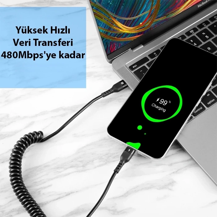 ALLY 15 M Pd 60W Geri Çekilebilir Yaylı Kablo Hızlı Şarj Dirseği Tip-Cden Tip-Cye Veri Kablosu-(5775)
