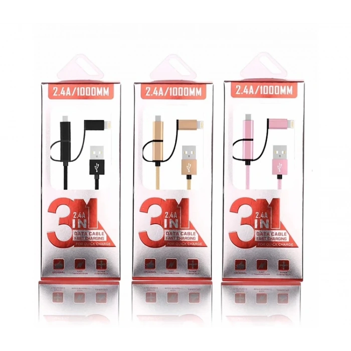 Ally 3in1 2.4a Type-C Micro Usb İphone 5678 Halat Usb Kablo-(5775)