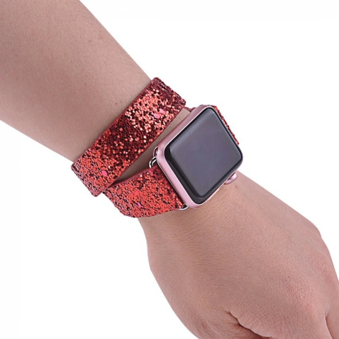 Ally Apple Watch 7-8 45mm 6-5-4 44mm Çift Tur Deri Sim İşlemeli Kordon 3-2-1 42mm-(5775)