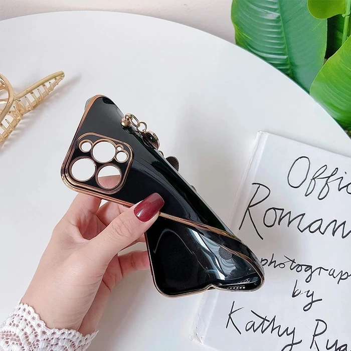 Ally iPhone 12 Pro 6.1inç Kılıf Kalp Bileklik Tutuculu Lüx Silikon Askılı Kılıf-(5775)