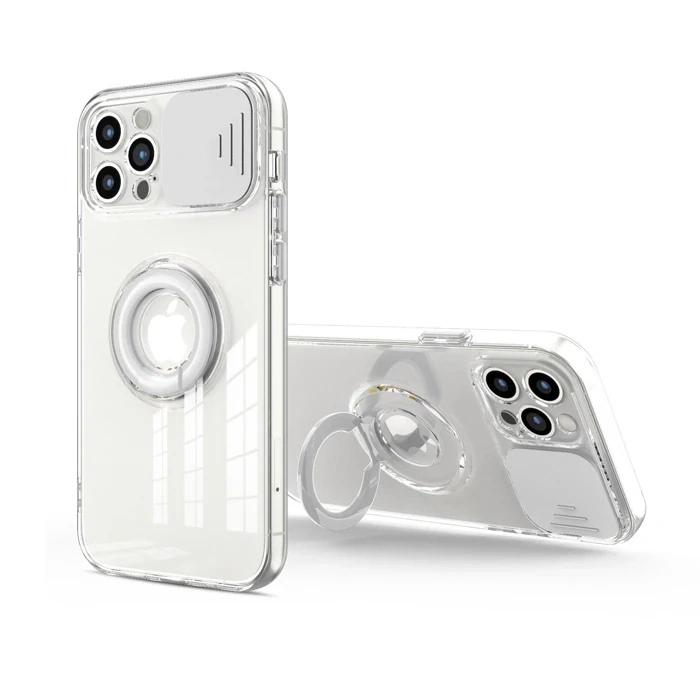 Ally iPhone 12 Pro 6.1inç Kılıf Sürgülü Kamera Lens Korumalı Yüzük Standlı Silikon Kılıf-(5775)