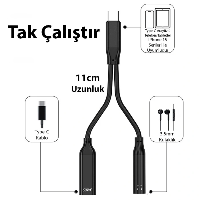 Ally İphone 15 İçin Type-c Şarj + 3.5mm kulaklık 2İn1 Çevirici Adaptör-(5775)