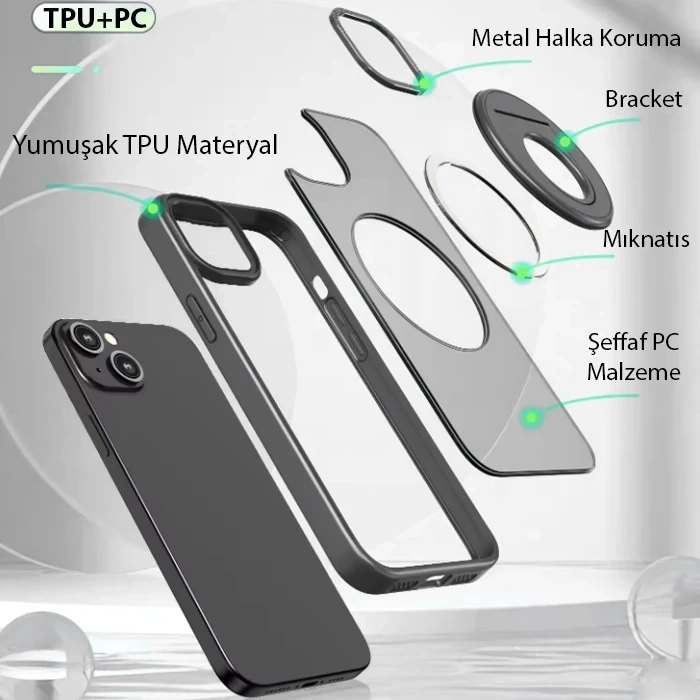 ALLY iPhone 15 Plus İçin Magsafe Uyumlu Yüzük Standlı Manyetik Silikon Kılıf-(5775)