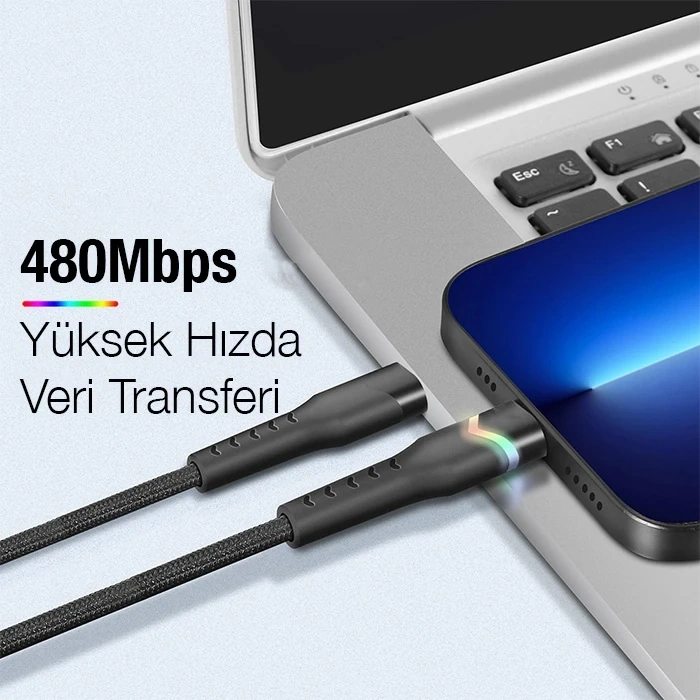 ALLY Led Işıklı 65W Type-C To Type-C Hızlı Şarj Kablosu 1m-(5775)