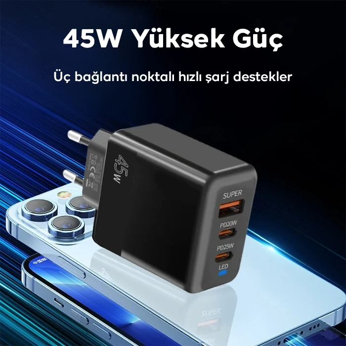 ALLY PD40 2xType-C + USB QC3.0 PD 45W Hızlı Şarj Adaptörü Şarj Başlığı-(5775)