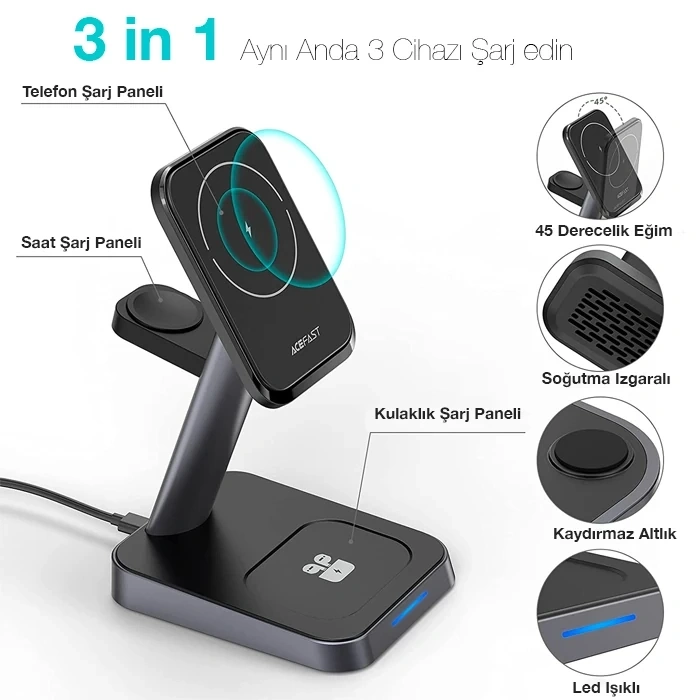 ALLY W68 15W 3in1 Manyetik ve Katlanabilir Portatif Masaüstü Kablosuz Şarj Standı-(5775)