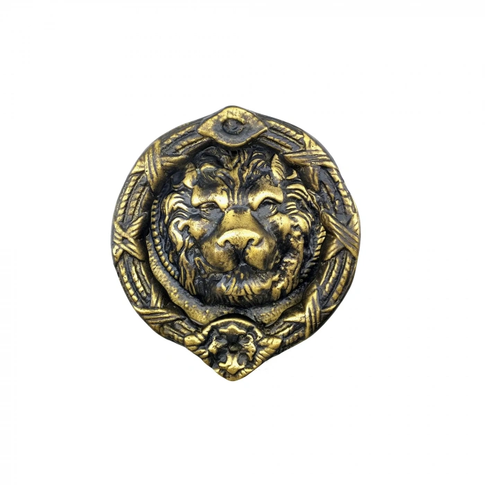 Antika Tarz Dekoratif Pirinç Aslan Kapı Tokmağı, Taktak - 185 Mm, Antik