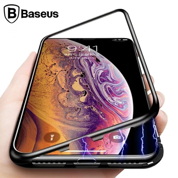 Baseus İPhone Xs Max Arkası Cam Manyetik Metal Frame Kılıf-(5775)