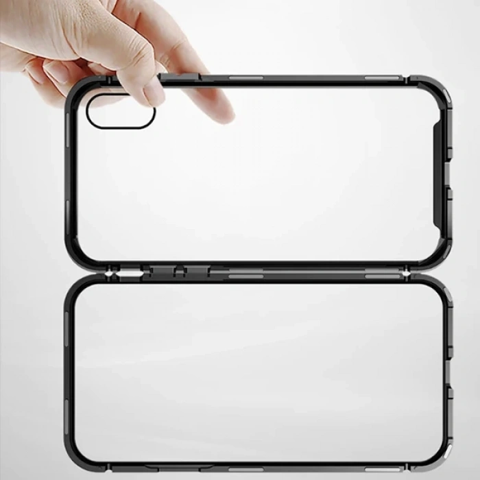 Baseus İPhone Xs Max Arkası Cam Manyetik Metal Frame Kılıf-(5775)
