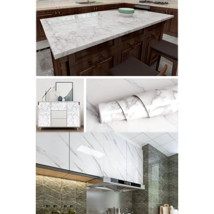 Beyaz Mermer Desenli Yapışkanlı Tezgah Folyosu (3 Mt.x 60 Cm)